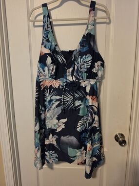 Floral Navy One-Piece Swimdress with Tropical Print